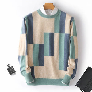 100% merino cashmere sweater men's round neck colorblock pullover top autumn and winter new fashion square sweater - Essential Love Store