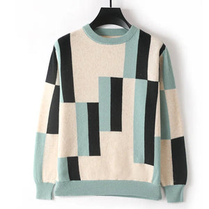 100% merino cashmere sweater men's round neck colorblock pullover top autumn and winter new fashion square sweater - Essential Love Store