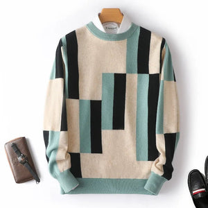 100% merino cashmere sweater men's round neck colorblock pullover top autumn and winter new fashion square sweater - Essential Love Store