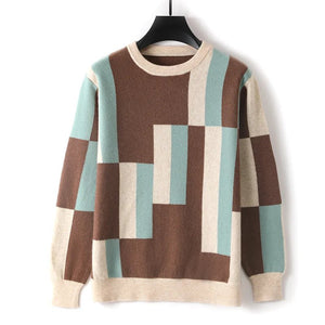 100% merino cashmere sweater men's round neck colorblock pullover top autumn and winter new fashion square sweater - Essential Love Store