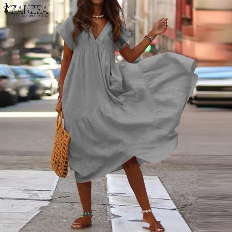 ZANZEA Bohemian V Neck Midi Ruffle Sundress