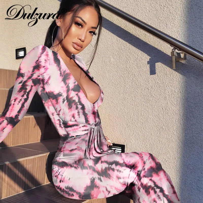 Dulzura tie dye print women midi dress long sleeve bodycon sexy bandage bodycon sexy 2020 autumn winter clothes party dinner