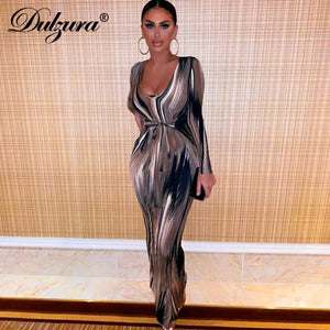 Dulzura tie dye print women midi dress long sleeve bodycon sexy bandage bodycon sexy 2020 autumn winter clothes party dinner