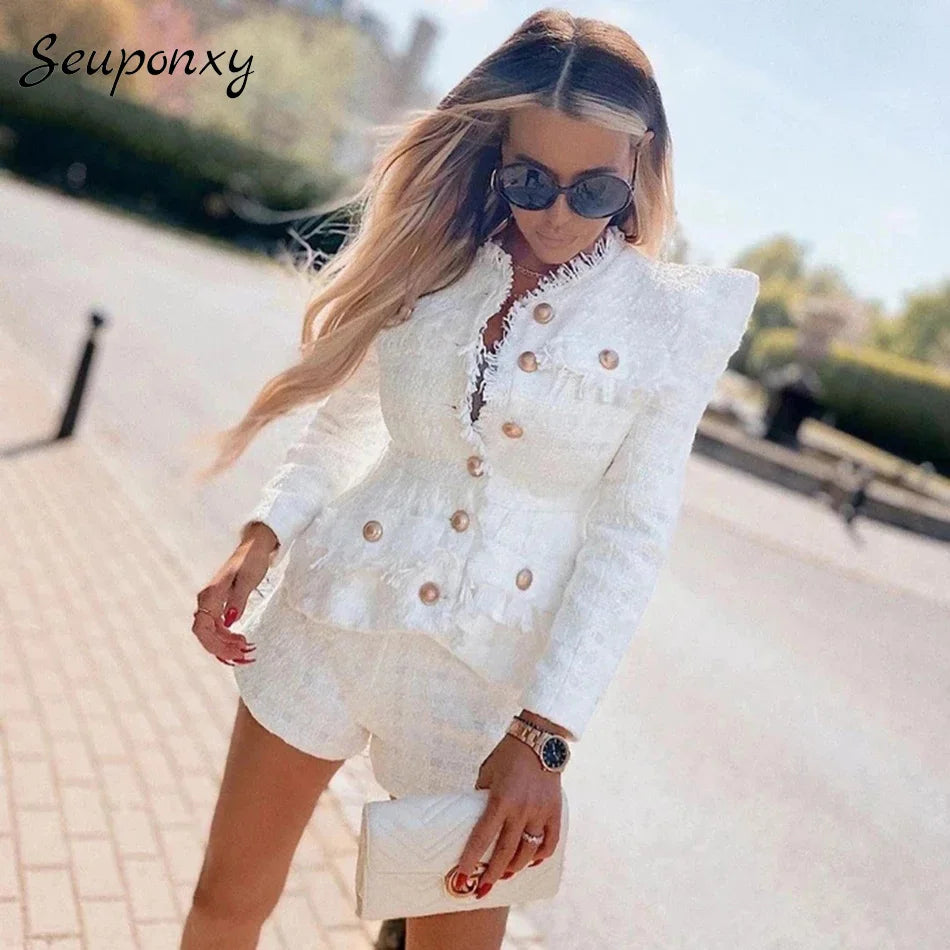 High Quality 2021 Spring New Tweed 2 Two-Piece Set Sexy O-Neck Long Sleeve Single Breasted Jacket And Pants Club Party Set