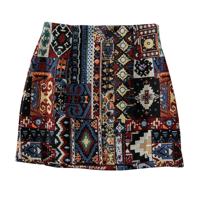 HELIAR Women Boho Skirt Embroidery A-Line Mini Skirts Chic Geometric Parttern Woolen Vintage Bohemian Skirts Women 2021 Autumn