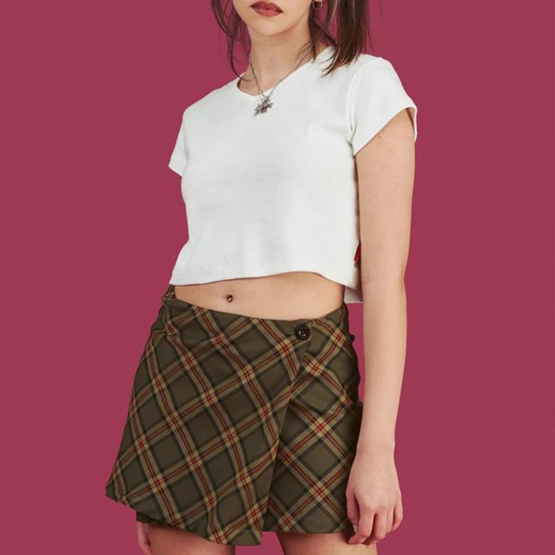 ALLNeon Vintage Plaid A-line Mini Skirts One Button High Waist Short Skirts for Women Chic E-girl Style Bottoms Streetwear 2021