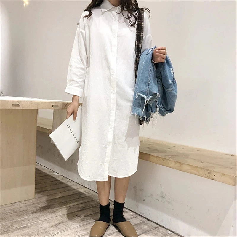 Woman Long Shirt Dress Cotton Korean Fashion White Dresses Spring Oversized Long Sleeve Loose Dresses Ladies Tops