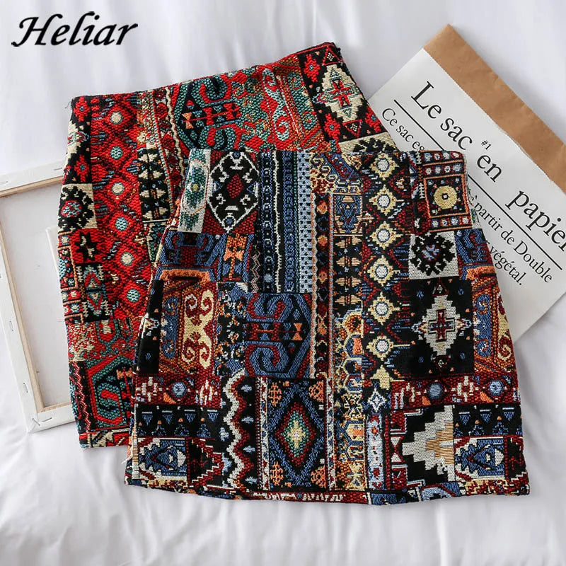 HELIAR Women Boho Skirt Embroidery A-Line Mini Skirts Chic Geometric Parttern Woolen Vintage Bohemian Skirts Women 2021 Autumn