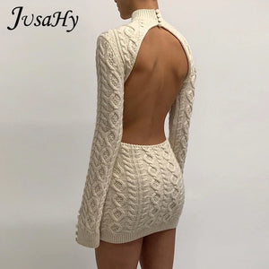 JuSaHy Autumn Knitted Backless Mini Dress for Women Turtleneck Stretched Soft Bodycon Casual Streetwear Female Vestidos De Mujer
