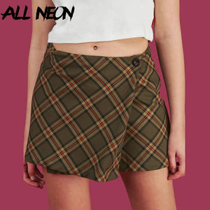 ALLNeon Vintage Plaid A-line Mini Skirts One Button High Waist Short Skirts for Women Chic E-girl Style Bottoms Streetwear 2021