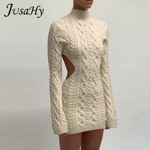 JuSaHy Autumn Knitted Backless Mini Dress for Women Turtleneck Stretched Soft Bodycon Casual Streetwear Female Vestidos De Mujer