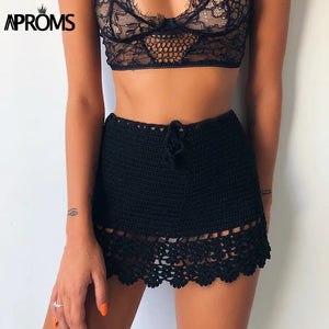 Aproms Elegant Handmade Cotton Crochet Mini Skirts Women Summer High Waist Bow Tie Skirt Ladies Beach Bikini Bottoms Saias 2021