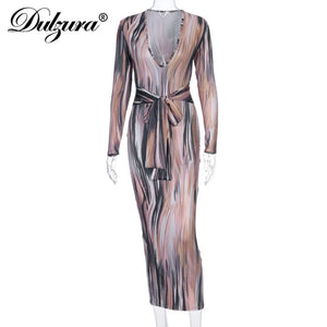 Dulzura tie dye print women midi dress long sleeve bodycon sexy bandage bodycon sexy 2020 autumn winter clothes party dinner