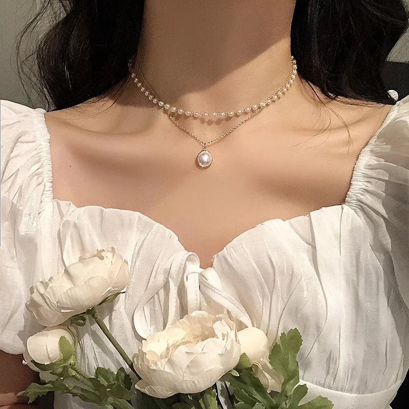 New Beads Women&#39;s Neck Chain Kpop Pearl Choker Necklace Gold Color Goth Chocker Jewelry On The Neck Pendant 2021 Collar For Girl