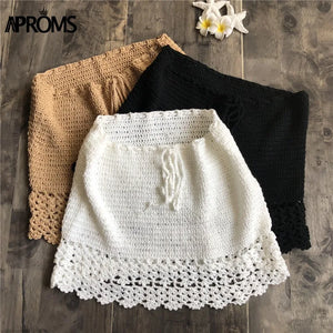 Aproms Elegant Handmade Cotton Crochet Mini Skirts Women Summer High Waist Bow Tie Skirt Ladies Beach Bikini Bottoms Saias 2021