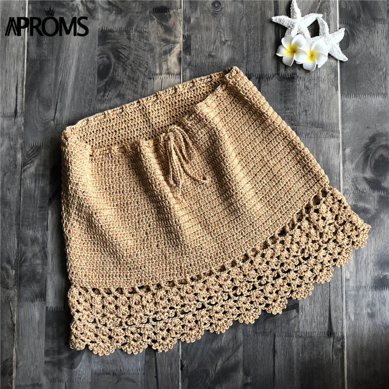 Aproms Elegant Handmade Cotton Crochet Mini Skirts Women Summer High Waist Bow Tie Skirt Ladies Beach Bikini Bottoms Saias 2021