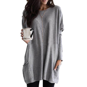 Plus Size Women Solid Color Sweater O-Neck Long Sleeve T-Shirt Tunic Top New Sweater with Pockets 2019