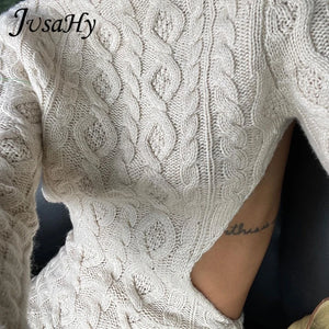 JuSaHy Autumn Knitted Backless Mini Dress for Women Turtleneck Stretched Soft Bodycon Casual Streetwear Female Vestidos De Mujer