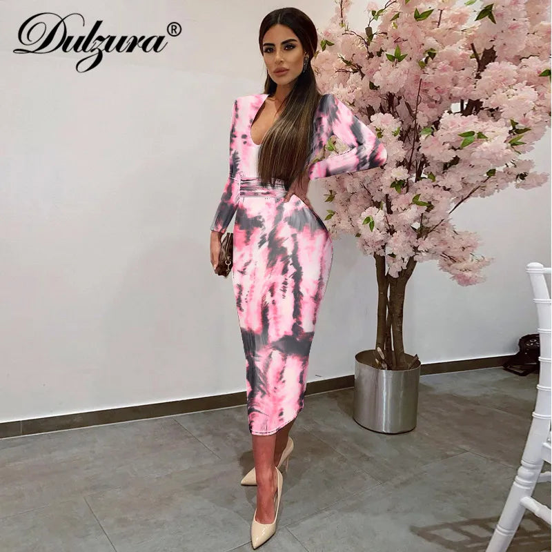 Dulzura tie dye print women midi dress long sleeve bodycon sexy bandage bodycon sexy 2020 autumn winter clothes party dinner