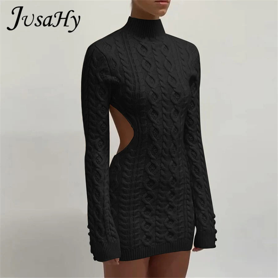 JuSaHy Autumn Knitted Backless Mini Dress for Women Turtleneck Stretched Soft Bodycon Casual Streetwear Female Vestidos De Mujer