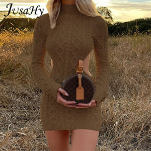 JuSaHy Autumn Knitted Backless Mini Dress for Women Turtleneck Stretched Soft Bodycon Casual Streetwear Female Vestidos De Mujer