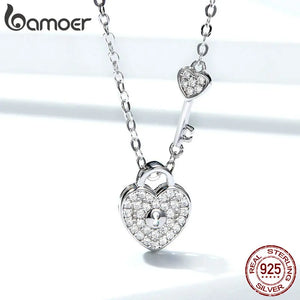 Bamoer New Arrival Luxury 925 Sterling Silver Love Heart Lock & Key Pendant Necklace for Women Wedding Fine Jewelry SCN315