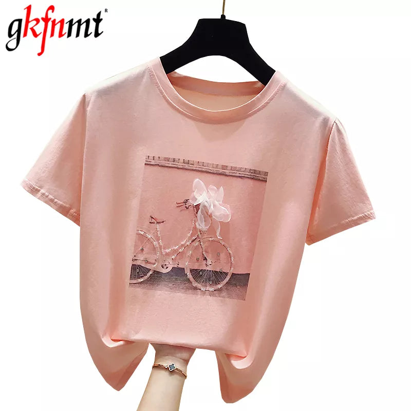 gkfnmt 2021 Fashion Cool Print Female Summer T-shirt White Cotton Women Tshirts Casual Harajuku T Shirt Femme Pink Loose Top