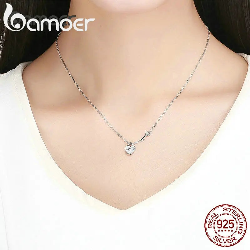 Bamoer New Arrival Luxury 925 Sterling Silver Love Heart Lock & Key Pendant Necklace for Women Wedding Fine Jewelry SCN315