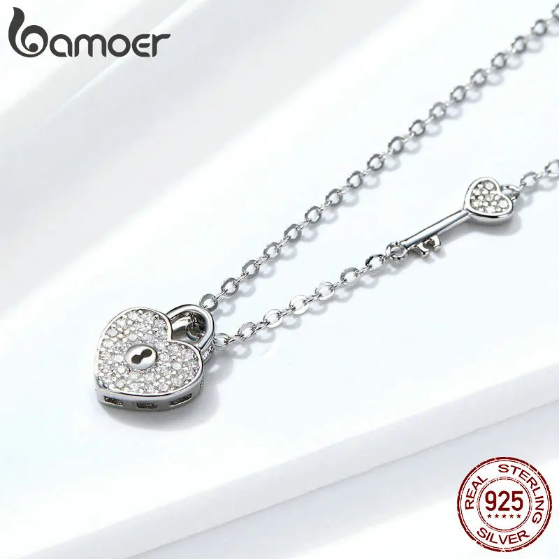 Bamoer New Arrival Luxury 925 Sterling Silver Love Heart Lock & Key Pendant Necklace for Women Wedding Fine Jewelry SCN315