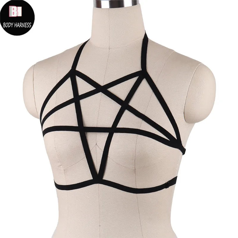 Rave Wear Pentagram Bondage Body Harness Lingerie Goth Crop Tops Fetish  Cage Bra Lingerie Harness Belt Star Harness Bra