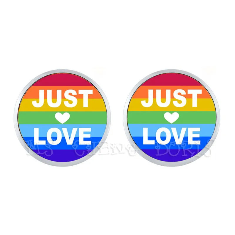 Just Love Rainbow Hypoallergenic Ear Nail For Women Men Gay Lesbian Pride With Rainbow Love Wins LGBT Glass Dome Stud Earrings