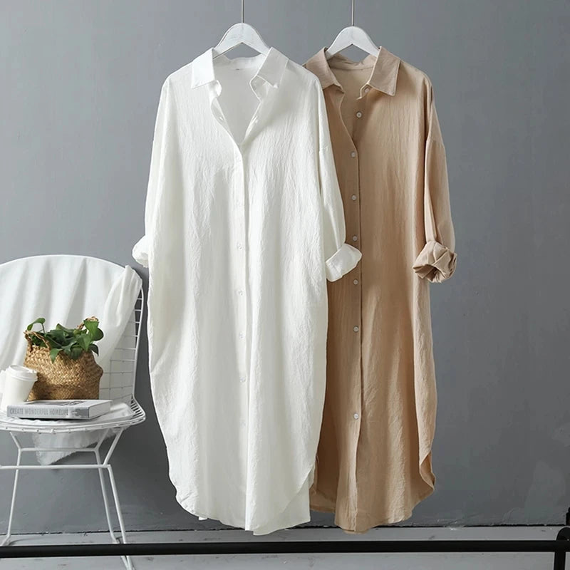 Woman Long Shirt Dress Cotton Korean Fashion White Dresses Spring Oversized Long Sleeve Loose Dresses Ladies Tops