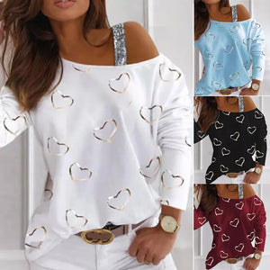 Autumn Winter Women Sequined Print Shirts Sexy Plus Size Fashion Loose Off Shoulder Casual Round Neck Long Sleeve Top Streewear