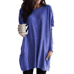 Plus Size Women Solid Color Sweater O-Neck Long Sleeve T-Shirt Tunic Top New Sweater with Pockets 2019