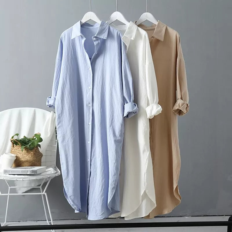 Woman Long Shirt Dress Cotton Korean Fashion White Dresses Spring Oversized Long Sleeve Loose Dresses Ladies Tops