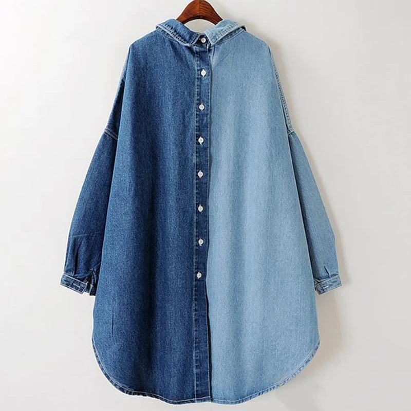 CHICEVER Patchwork Denim Shirt For Women Lapel Long Sleeve Hit Color Loose Oversized Casual Blue Blouses Female 2020 New Clothes