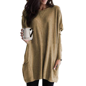 Plus Size Women Solid Color Sweater O-Neck Long Sleeve T-Shirt Tunic Top New Sweater with Pockets 2019