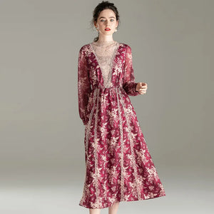 Temperament dress 2020 spring new palace bubble sleeve lace splicing medium long sleeve O-Neck collar Dress