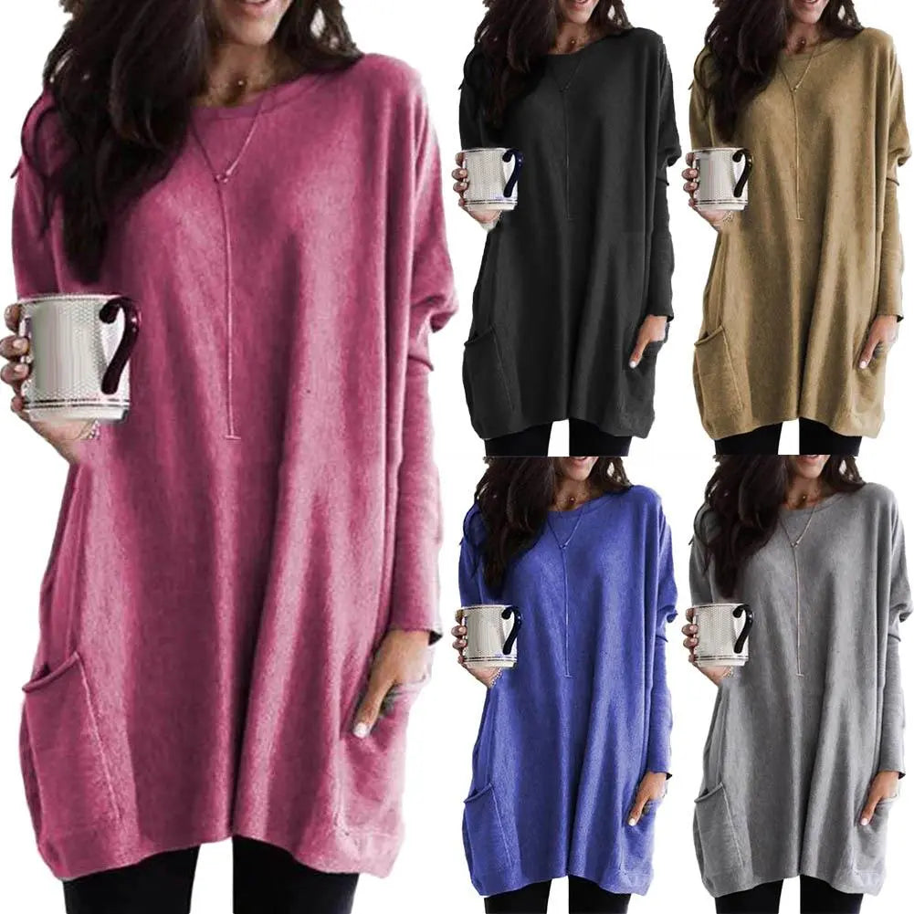 Plus Size Women Solid Color Sweater O-Neck Long Sleeve T-Shirt Tunic Top New Sweater with Pockets 2019