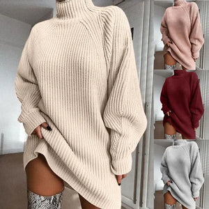 Women Turtleneck Oversized Knitted Dress Autumn Solid Long Sleeve Casual Elegant Mini Sweater Dress Plus Size Winter Clothes