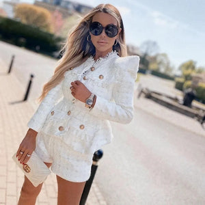 High Quality 2021 Spring New Tweed 2 Two-Piece Set Sexy O-Neck Long Sleeve Single Breasted Jacket And Pants Club Party Set