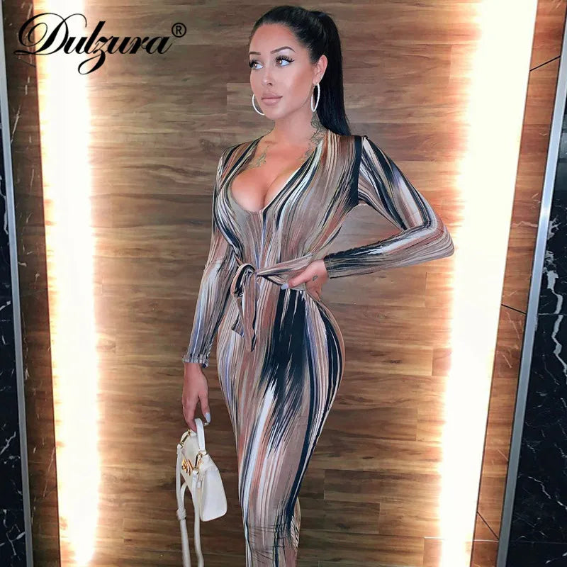 Dulzura tie dye print women midi dress long sleeve bodycon sexy bandage bodycon sexy 2020 autumn winter clothes party dinner