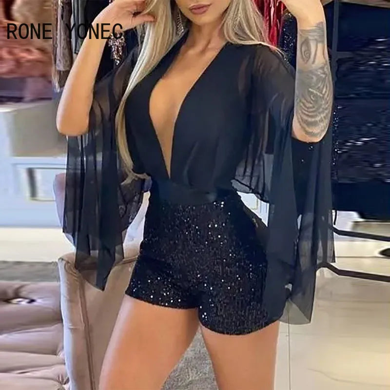 Women Solid  Casual Chiffon Cape Sleeve Deep V neck  Zipper sequins Sexy Rompers