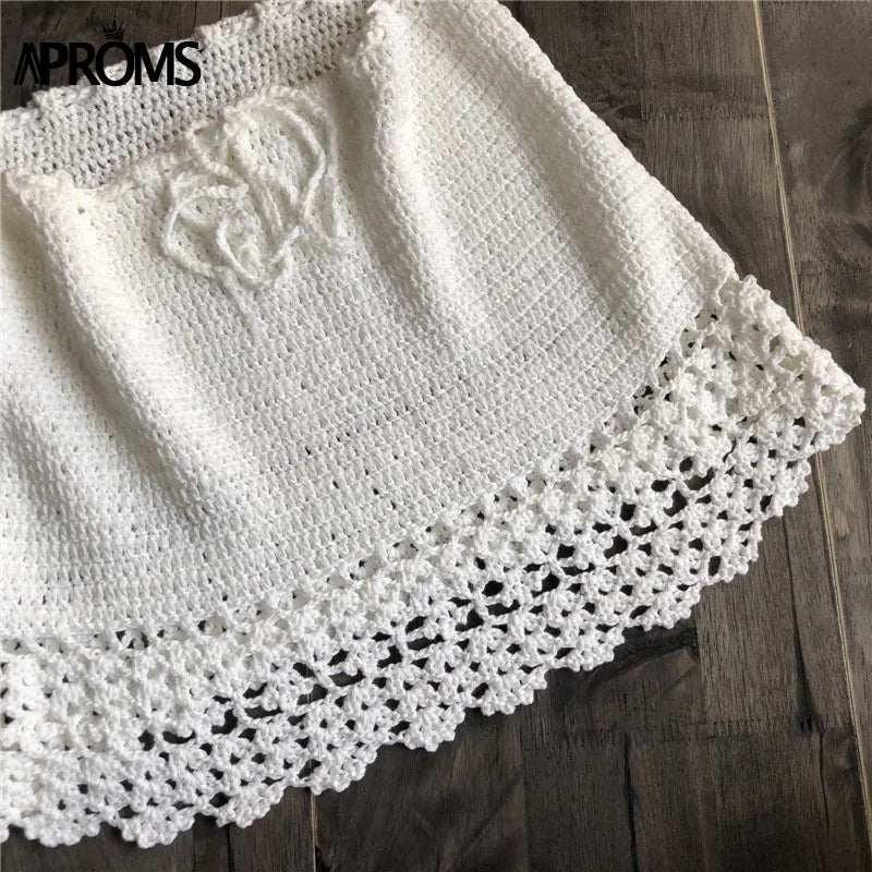 Aproms Elegant Handmade Cotton Crochet Mini Skirts Women Summer High Waist Bow Tie Skirt Ladies Beach Bikini Bottoms Saias 2021