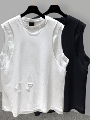 Trendy Korean Style Ripped Sleeveless T-shirt with Matching Casual Loose Under-waist Tank Top
