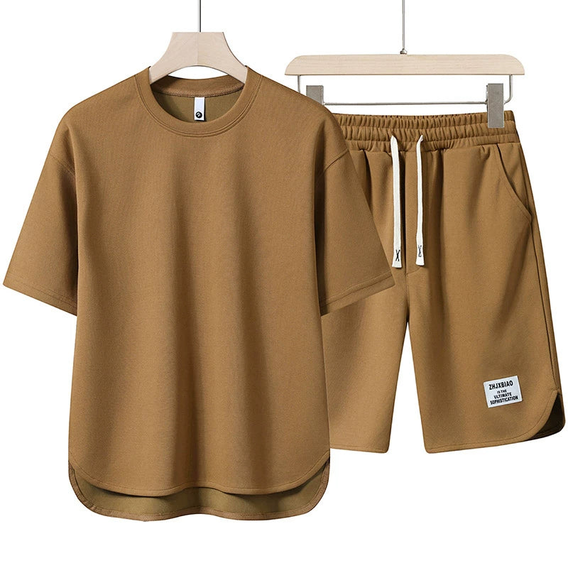 Pure Color Breathable Knee Length Pants and Short Sleeve T-shirt Two Piece Set