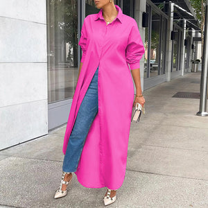 Women Shirt Windproof Shirt Dress Versatile Arc Hem  Stylish Autumn Winter Solid Color Shirt Long Dress