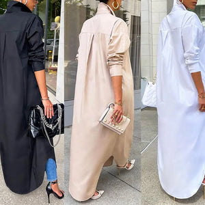 Women Shirt Windproof Shirt Dress Versatile Arc Hem  Stylish Autumn Winter Solid Color Shirt Long Dress