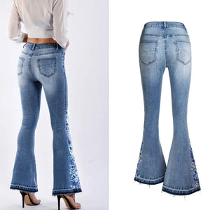 LOGAMI flower Embroidery skinny jeans woman vintage flare denim pants womens jeans