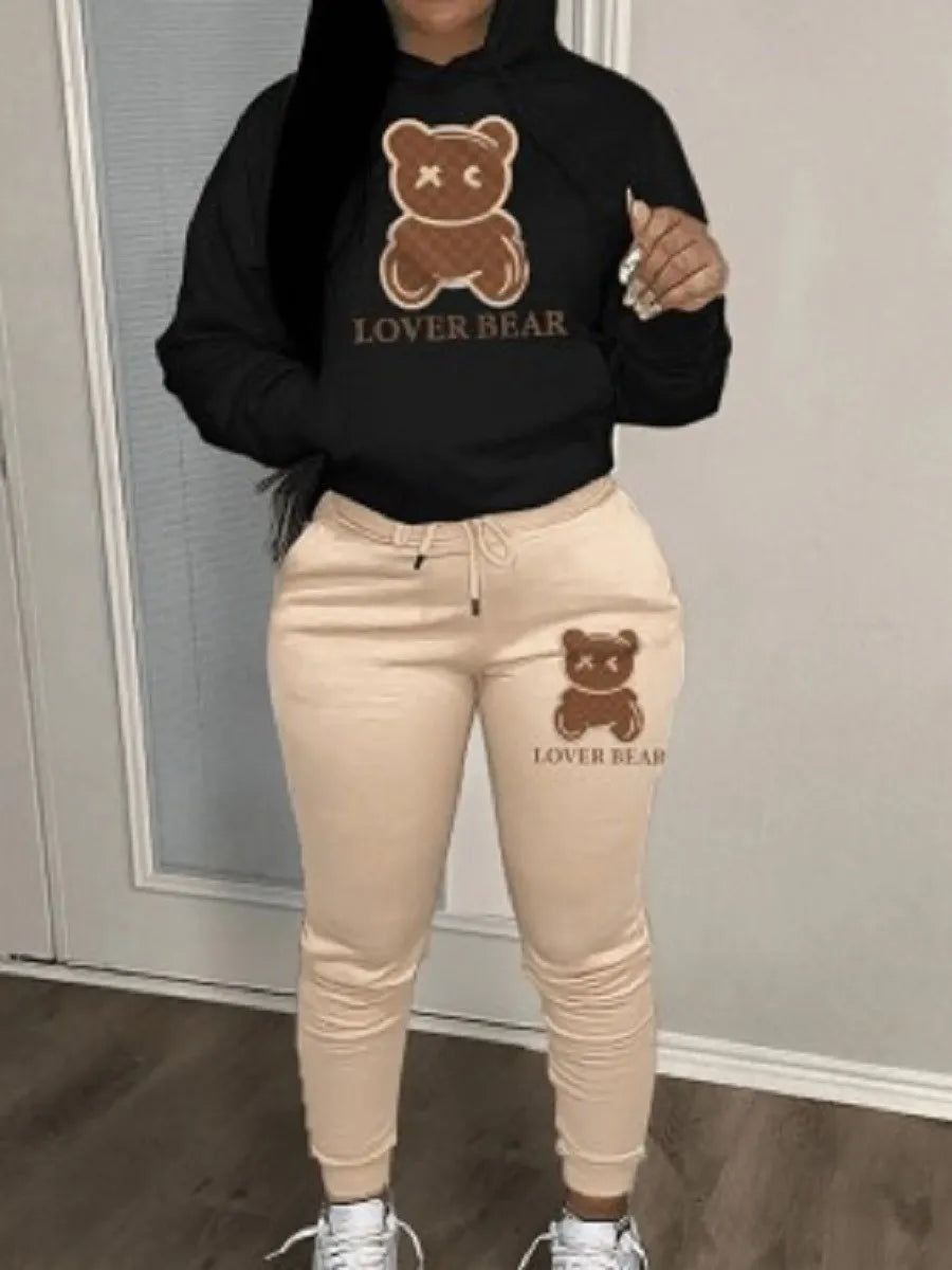 LW Two Piece Set Cartoon Letter Print Tracksuit Set Long Sleeve Drawstring Pullover Hoodies Top Sweat Pants Jogger Suits